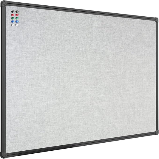 JILoffice Cork Linen Bulletin Board 36 X 24 Inch (Grey), Black Aluminum Frame Wall Mounted Board Memo Pin Board for Office Home and School
