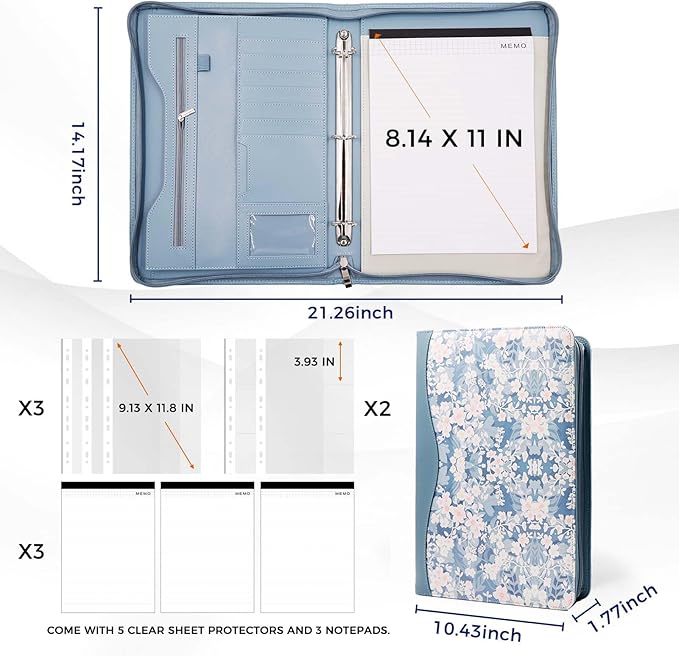 Padfolio Portfolio Folder Binder-Organizer Planner Notebook Zippered Portfolio Padfolio for Women & Men with Document Sleeve,Letter/A4 Size Clipboard,Business Card Holders (Blue Flower)