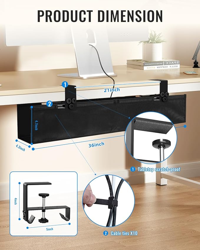 No Drill Cable Management Under Desk, 36" Cord Organizer for Table, Clamp/Screw Mount Cable Tray, Premium Black Fabric Desk Cord Management Tray for Office, Home (Large (36 Inch))