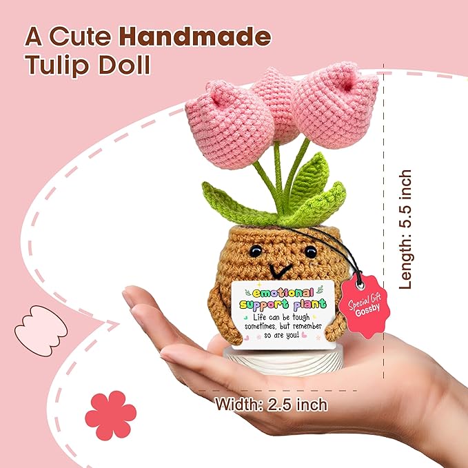 Gossby Handmade Positive Tulip Flower - Emotional Support Crochet Gift for Women - Inspirational, Mental Health, Mothers Day, Birthday Gift for Mom, Sister, Friend, Coworker - Crochet Doll with Card