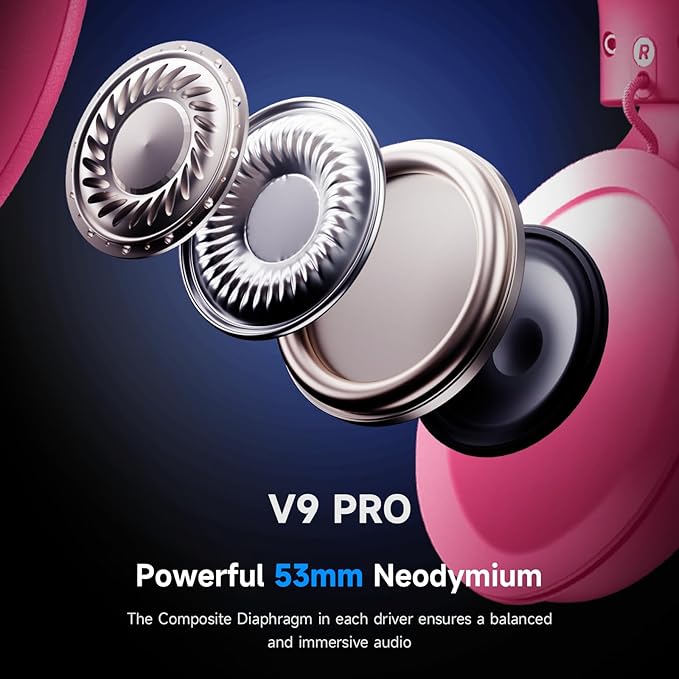 MCHOSE V9 PRO Wireless Gaming Headset 7.1 Surround Sound for PS5 PS4 PC Switch TOPSPEED Gaming Headphones, Noise Canceling Mic, 250Hr Battery, Low 15ms Latency, Lightweight, BT 5.3 FPS Games Rose&Red