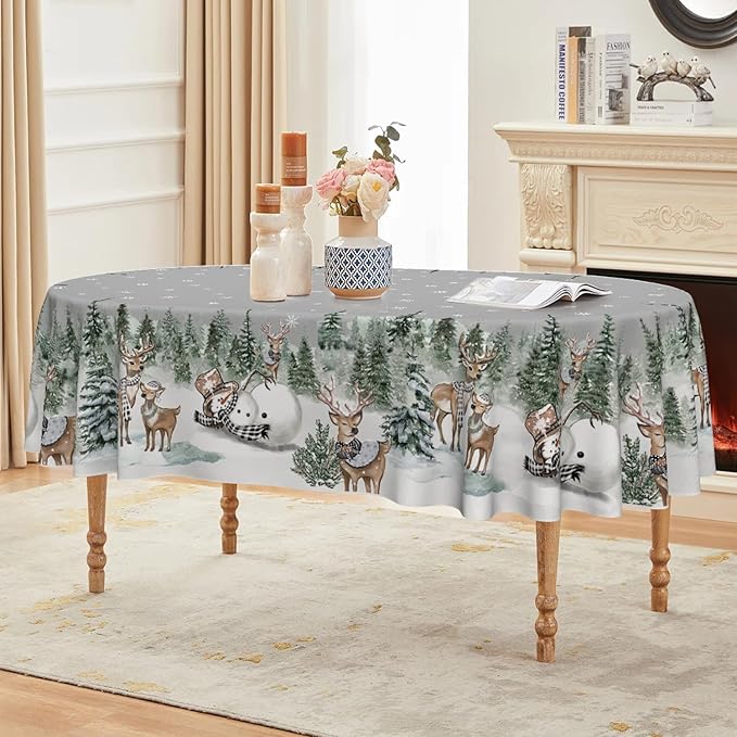 Horaldaily Christmas Tablecloth 60×84 Inch Oval, Deers Snowman Trees Grey Washable Table Cover for Party Picnic Dinner Decor