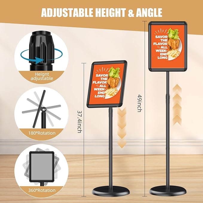 Sign Holder Stand 8.5x11 inch, Adjustable Floor Sign Stand for Display with Snap-Open Frame, Portable Standing Sign Holder for Business Retail Events, Black