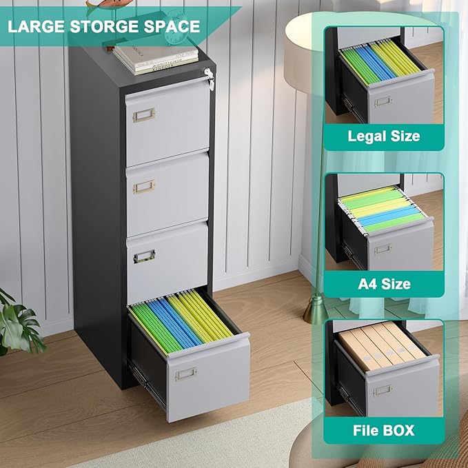 SISESOL 4 Drawer Vertical File Cabinet with Lock,Steel Filing Cabinet, Metal Filing Cabinets for Home Office Organizer Storage Cabinets Letter Size/A4/Legal,-Assembly Required