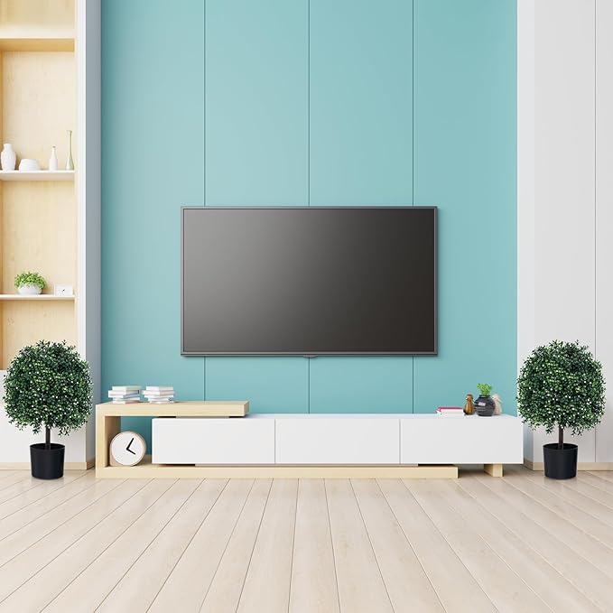 Goplus 21.5’’ Artificial Boxwood Topiary Ball Tree, Set of 2 Faux Potted Plants Artificial Shrubs Bushes with 343 White Fruits, Fake Evergreen Artificial Topiary for Home Front Porch Decor