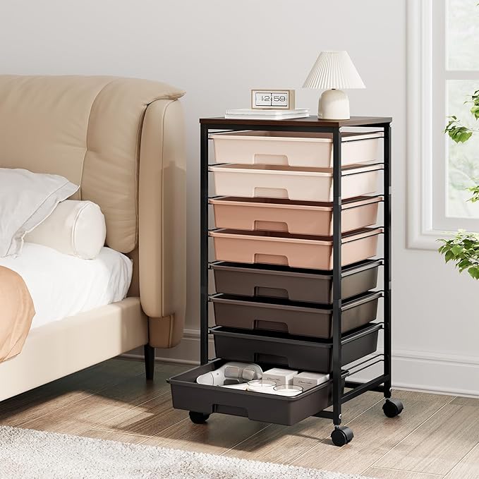 TOOLF Rolling Carts with Wheels, 8-Drawer Utility Cart, Wooden Tabletop Storage Cart for Office, Arts & Crafts, Classroom, Bedroom, Brown