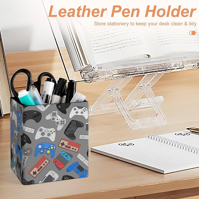 Square Pen Holder & Pencil Organizer for Desk - Office Storage Organizer, Markers/Makeup Brushes/Scissors Holder, Compact Desk Decor Accessories for Home Classroom School(Video Games)