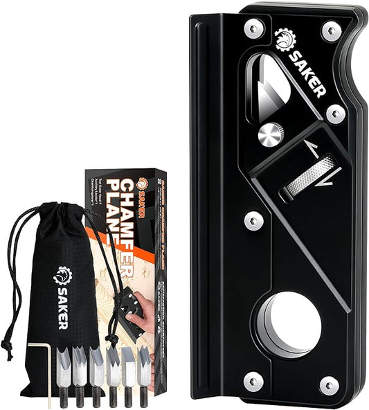 Saker Chamfer Plane-Woodworking Edge Corner Flattening Tool with Auxiliary Locator,Hand Chamfering Planer Suitable for Quick Edge Trimming of Wood (Combination upgrade-6 Cutter Heads, Black)