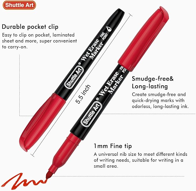 Shuttle Art Wet Erase Markers, 10 Colors 1mm Fine Tip Smudge-Free Markers, Use on Laminated Calendars, Overhead Projectors, Schedules, Whiteboards, Transparencies, Glass, Wipe with Water