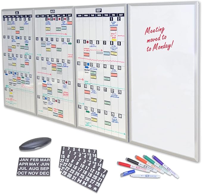 Ultimate Office Whiteboard Dry Erase Magnetic Write On Planning Boards & Scheduling Kit. Includes Set of 3 Monthly Panels, 1 Plain Panel, Magnets, 6 Markers and Eraser. Rotatable & Easy to Update