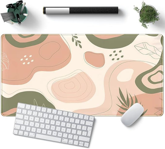 Boho Green Cream Desk Mat Boho Kawaii Green Mouse Pad Cute Desk Mat, Large Aesthetic Mouse Pad XL Desk Decor for Women with Stitched Edge Mouse Desk Pad for Keyboard and Mouse Desk Pad, 31.5x15.8in.