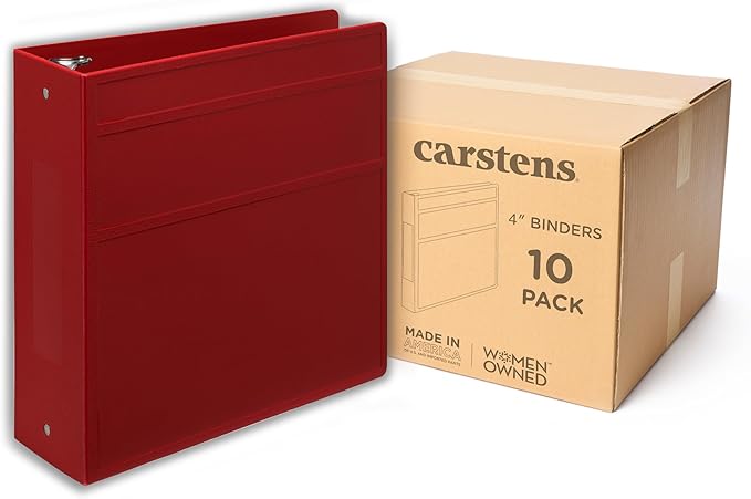 Carstens 4-Inch Heavy Duty 3-Ring Binder - Side Opening, Brick Red, Durable Plastic, No-Gap Rings, Waterproof Cover, No Pockets, Holds 600 US Letter Sheets, BPA-Free, Made in USA (1840-3R), Case of 10