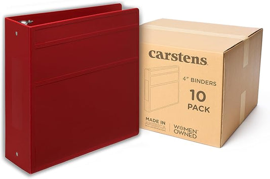 Carstens 4-Inch Heavy Duty 3-Ring Binder - Side Opening, Brick Red, Durable Plastic, No-Gap Rings, Waterproof Cover, No Pockets, Holds 600 US Letter Sheets, BPA-Free, Made in USA (1840-3R), Case of 10