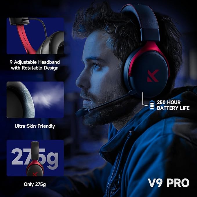 MCHOSE V9 PRO Wireless Gaming Headset 7.1 Surround Sound for PS5 PS4 PC SWITCH TOPSPEED Gaming Headphones, Noise Canceling Mic, 250Hr Battery, Low 15ms Latency, Lightweight, BT 5.3 FPS Games Black&Red