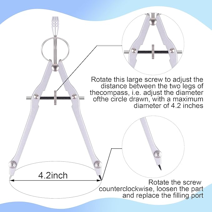 Compass and Protractor Set, Professional Drawing Compass Tool, Metal Compass with Extra Refills, Compass for Geometry and 6 Inch Math Protractors 180 Degree (Silver)