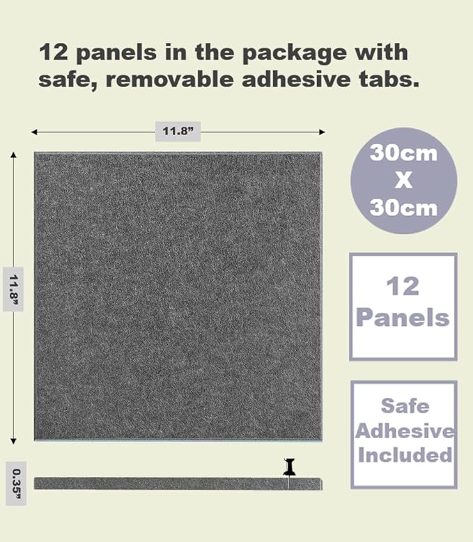 Large Cork Board Alternative - 12-Pack Felt Wall Tiles with Safe Removable Adhesive Tabs, Cork Wall Tiles Bulletin Board Home Office Essentials - Gray