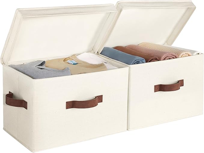 StorageWorks Fabric Storage Bins with Lid, Decorative Storage Boxes for Shelves, Stackable Closet Organizer Basket with Handles, Large, Ivory White, 2-Pack