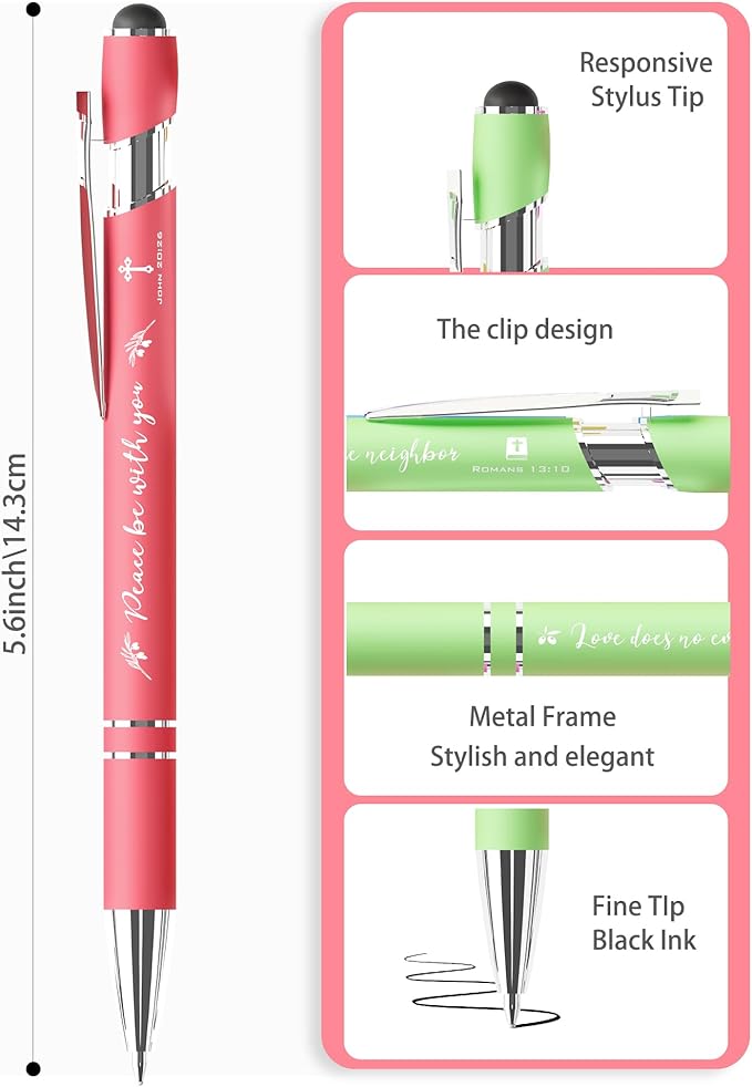 Christian Pens 2-in-1 Stylus & Bible Verse Pens, Black Ink, 50-Pack, Modern, Unisex, Office, Medium Point, Aluminum, Rainbow Theme, Retractable, Smooth Grip, Adult, Note Taking & Writing