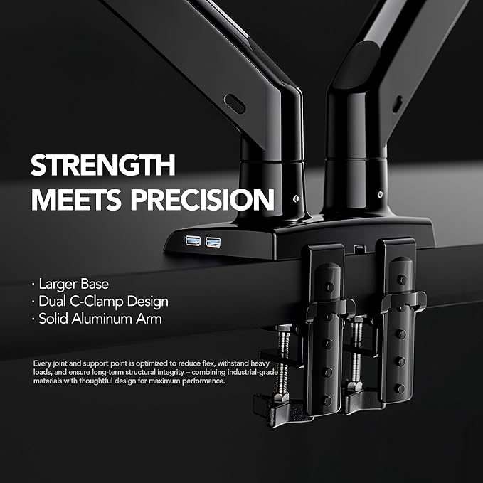 HUANUO NITROGLIDE™ Dual Monitor Stand for 13″–40″, Premium Dual Monitor Mount with USB, Height Adjustable Monitor Stand for 2 Monitors, VESA Mount with Clamp/Grommet Base, Holds 26.4lbs per Arm, HNDS7