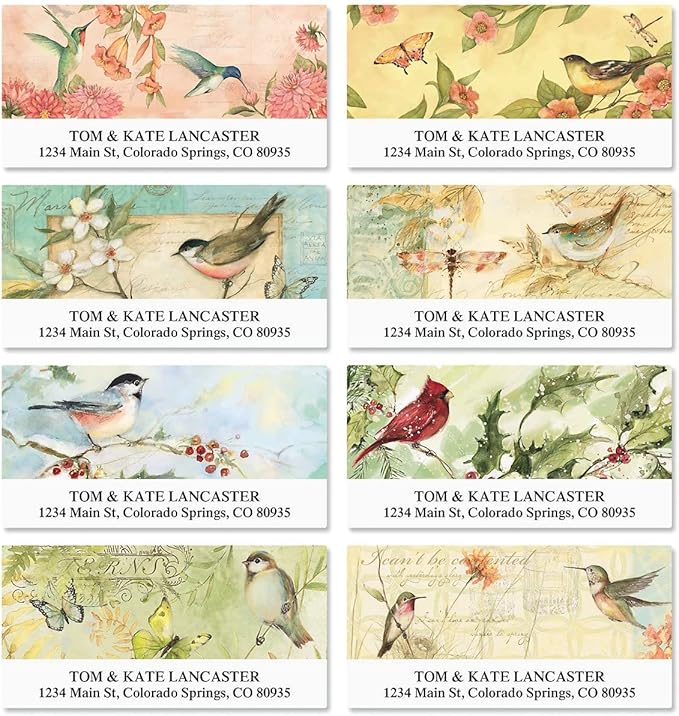 Seasonal Birds Address Labels (8 Designs) - Set of 144 1-1/8" x 2-1/4" Self-Adhesive, Flat-Sheet Labels