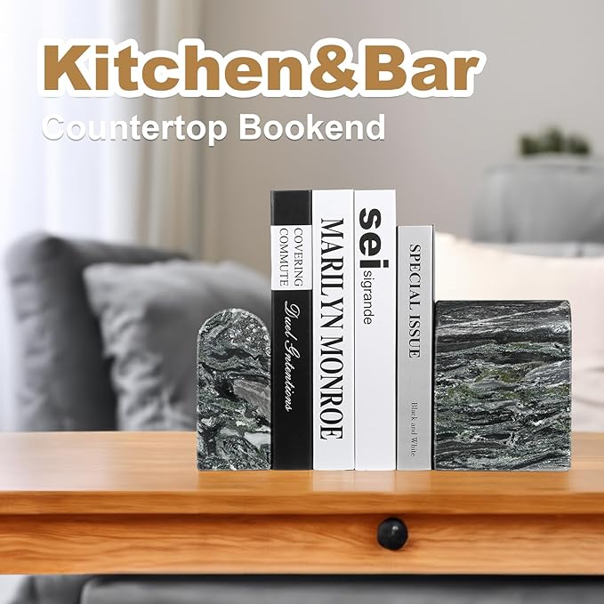 Koville South African Natural Marble Bookends for Shelves, Non-Slip Book Ends, 13LBS Ultra Heavy Duty Marble Book Holder Organizer, Apartment Decor for Movies/CD/Video Games(Olive Green)