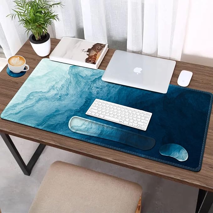AIMSA Large Gaming Mouse Pad Set, Keyboard Wrist Rest Support + Extended Mouse Pad + Mouse Wrist Cushion + Coaster, Ergonomic Memory Foam Multifunctional Desk Mat 35x15.7inch (Dark Blue Waves)