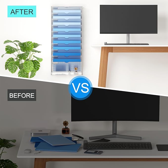 Hanging Wall File Organizer 10 Tier Wall Mounted File Holder Document Wall Organizer Magazine Organization for Office Home, Silver