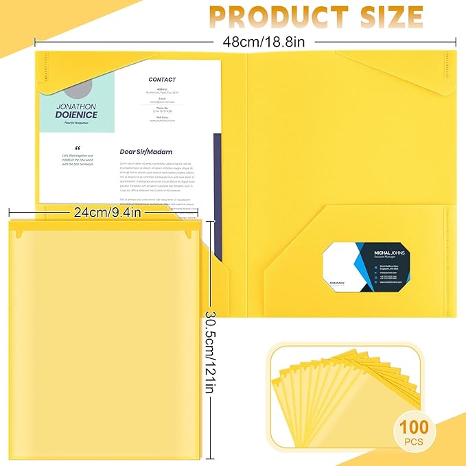 Henoyso 100 Pcs Plastic Folders with Clear Front Pockets Bulk Heavy Duty File Folders with 2 Pockets and Card Slot for Student Teacher Back to School Supplies Office Presentation (Yellow)