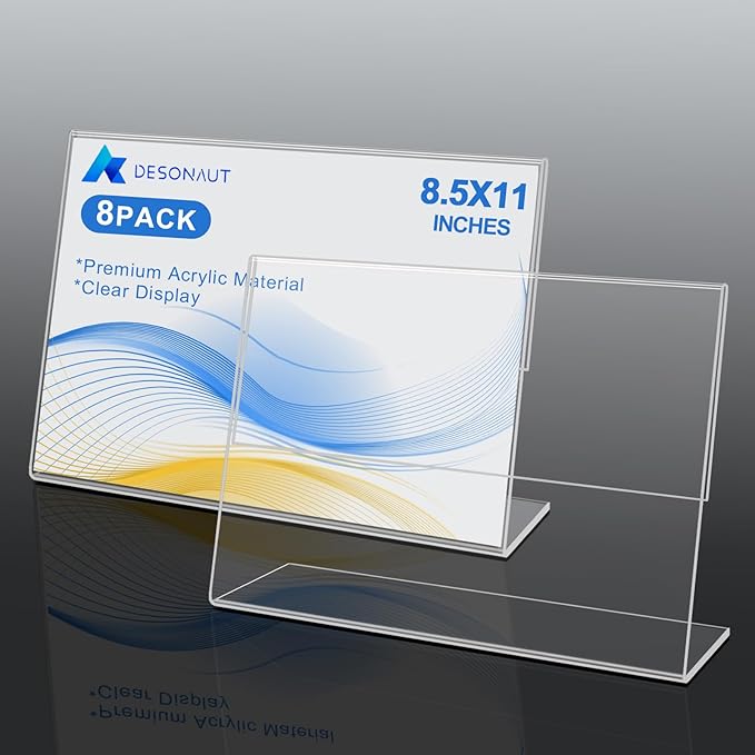 8 Pack Acrylic Sign Holder 8.5x11 Inches,Slanted Back Clear Plastic Paper Display Holder,Picture Photo Document Flyer Frames Display Stand for Office Desktop,Store,Restaurant-Horizontal