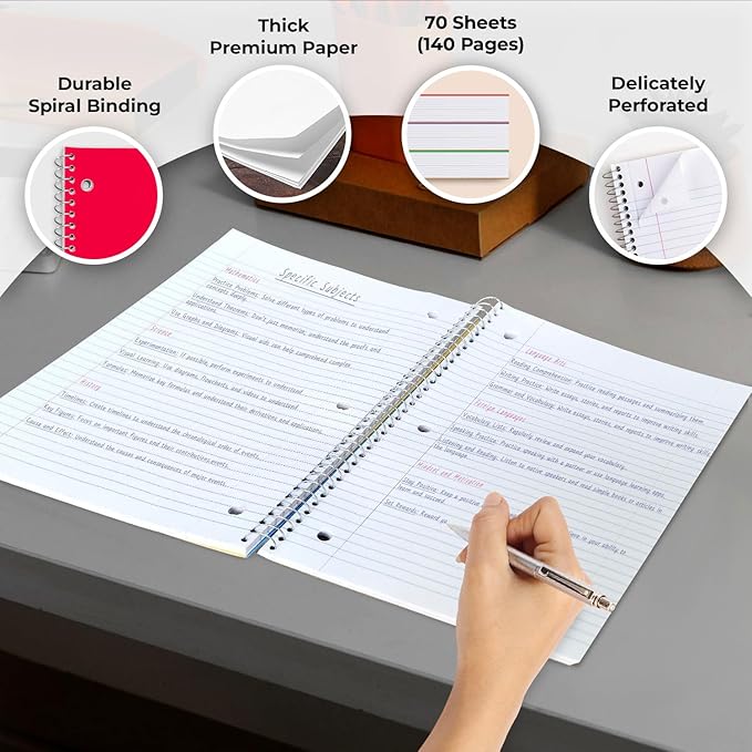 Spiral Notebook, 24 Pack, 1 Subject, College Ruled, 70 Sheets, 8 x 10-1/2",Bulk College Ruled Spiral Notebook for School, 3 Hole Punched, Single Subject Spiral Notebook Bulk, Assorted Colors