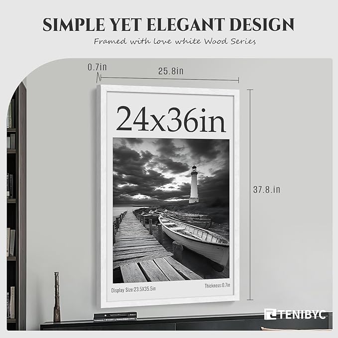 24x36 Poster Frame 4 Pack - White Solid Wood Picture Photo Frame - Woodgrain Series - Room, Office, Gallery, Studio Display - Wall Hanging