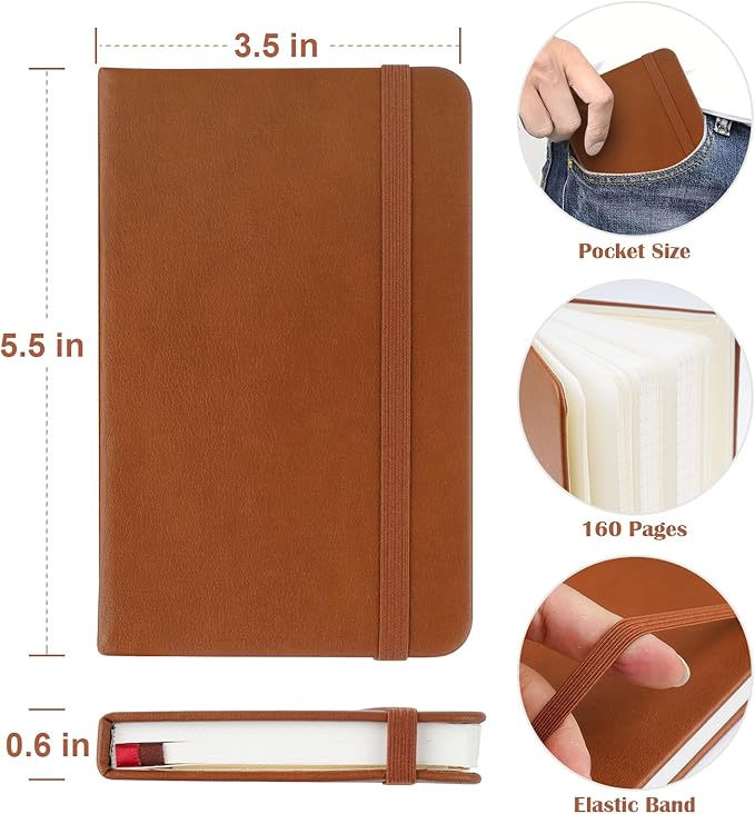 Pocket Dotted Notebook, 2-Pack Dot Grid Notebook, Dotted Journal with Stickers, 3.5" x 5.5" Hardcover, Small Mini A6 size, 160 Pages, 100 gsm Thick Paper, Cognac Brown