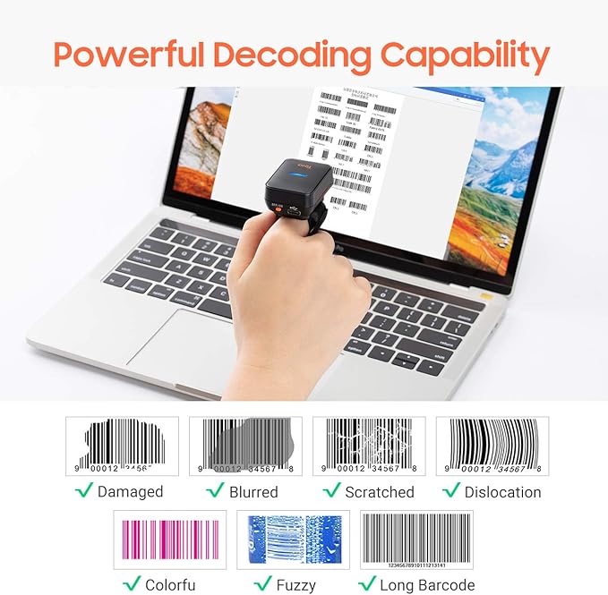 Tera 1D Wireless Barcode Scanner Compatible with Bluetooth, Printed Digital Barcode Reader Scanner Mini Wearable for Windows, Mac OS, Android with Vibration Alert Model HW0011