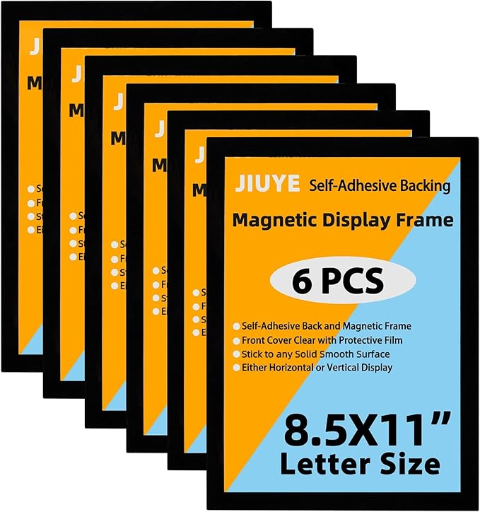 Magnetic Sign Holder 8.5 x 11 Wall Mount,Self Adhesive Picture Display Frame as Document Poster Paper Holder,Magnetic Framed Holder with Clear PVC Cover,Black 6pcs