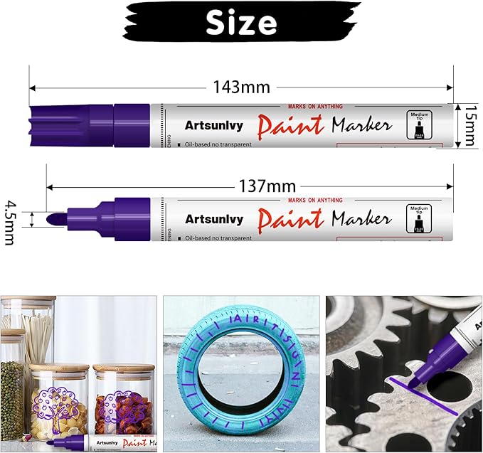 Purple Paint Pens Permanent Markers - 2 Pack Paint Markers for Metal, Rubber,Wood, Rocks, Canvas, Plastic, Dark Surface, Craft Art Supplies, Medium Tip, Quick Dry, Waterproof