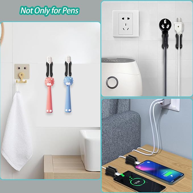 Adhesive Pen Holder for Wall Pencil Holder for Desk Organizer, 6Pack Silicone Pen Holders for Clipboard, Marker Holder Sticky Pen Holder for Desk Accessories, Office Supplies (2black+2white+2grey)