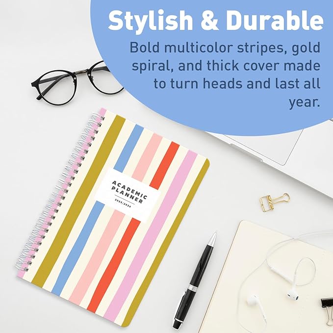 Sweetzer & Orange Academic Planner 2025-2026 – Student Planner for August 2025 to July 2026 – Weekly & Monthly Layout – Sturdy Cover & Stickers – Multicolor Stripes Design – 5.5” x 8.5”