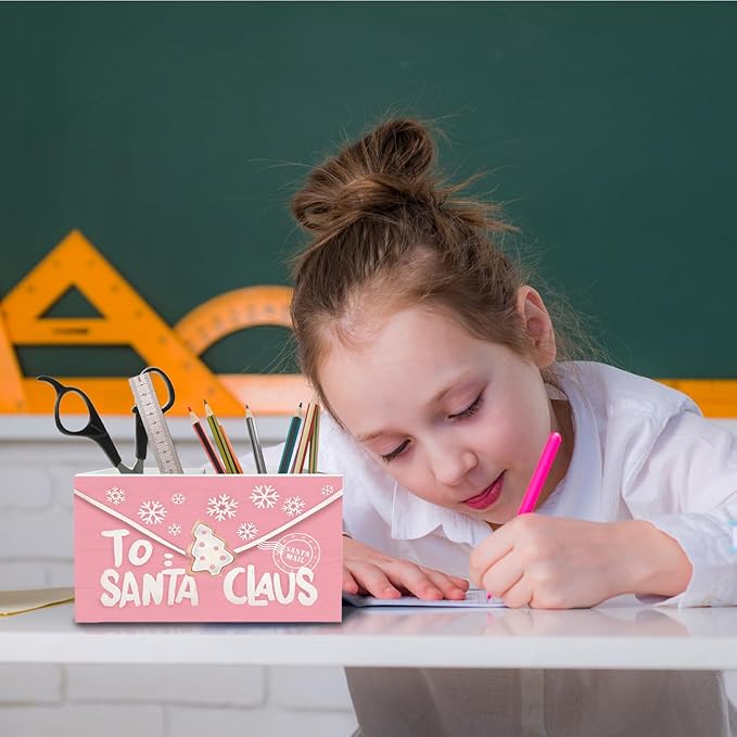 Pink Christmas Winter Pen Holder for Desk, Letter to Santa Claus Wooden Box Sign Desk Decor for Home Office Decoration, Preppy Xmas Pencil Organizer, Pink Christmas Room Decor