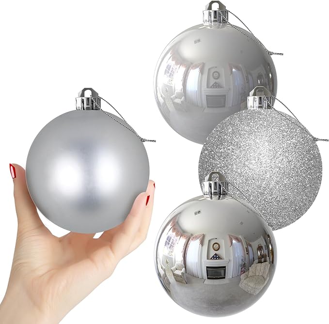 Silver 4.0" Large Christmas Balls - Christmas Tree Decoration Ornaments Shatterproof Hanging Balls for Birthday Halloween Holiday Wedding Decorations Set of 4pcs