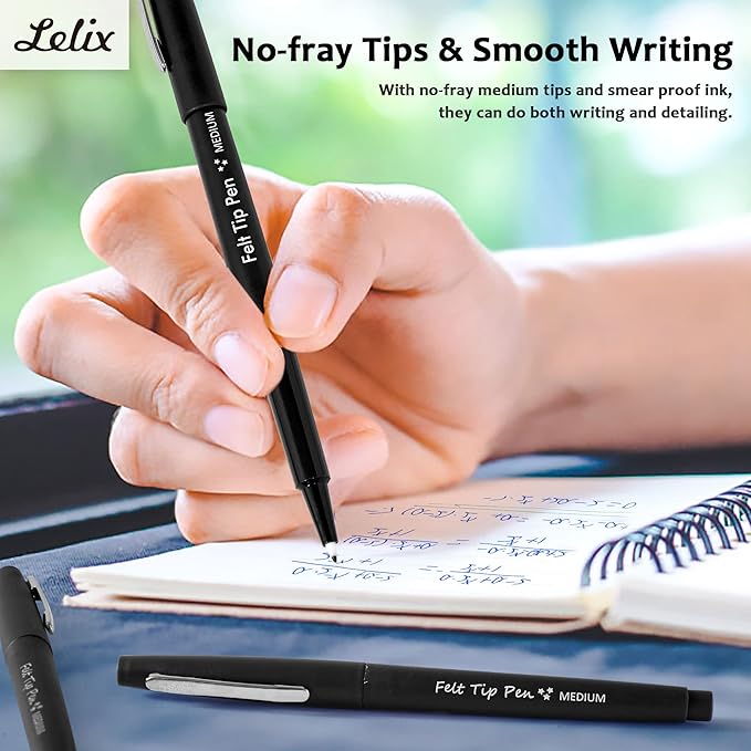 Lelix Felt Tip Pens, 15 Black Pack, 0.7mm Medium Point, Felt Tip Markers Pens for Journaling, Writing, Note Taking, Planner, Perfect for School Office and Art Supplies
