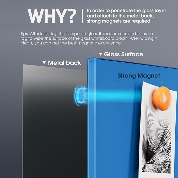 MaxGear Glass White Board 36x24, Bule Wall Mounted Magnetic Glass Dry Erase Board, Large Frameless Whiteboard with 1 Eraser,3 Markers and 6 Magnets for Office, School, Home