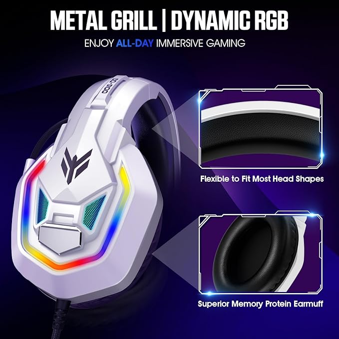 Gaming Headset for PS5, PS4, Xbox Series X|S, Xbox One, PC, Switch, Mac - RGB Over-Ear Headphones with 7.1 Surround Sound, Noise Cancelling Mic, 50mm Drivers & Memory Earmuffs for Nintendo 64