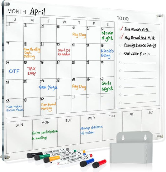 MAKELLO Acrylic Calendar for Wall, Clear White Board Calendar for Office, School, Home, Monthly Whiteboard with Weekly, 32x24 in