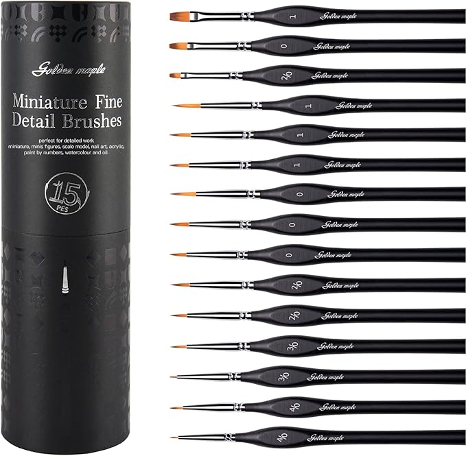 Golden Maple Miniature Paint Brushes, 15PC Model Brushes Micro Detail Paint Brush Set, Fine Detailing for Acrylics, Oils, Watercolors & Paint by Number, Figurine (Black)