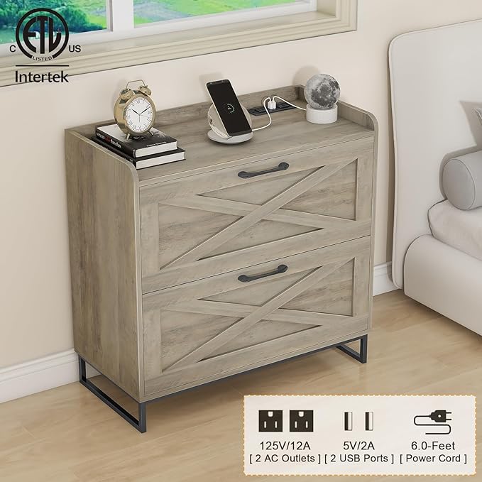 File Cabinet 2 Drawers, Lateral File Cabinet with Charging Station for Letter/Legal/A4 Size Hanging Files, Large Wood File Storage Cabinets Printer Stand for Home Office, Washed Gray