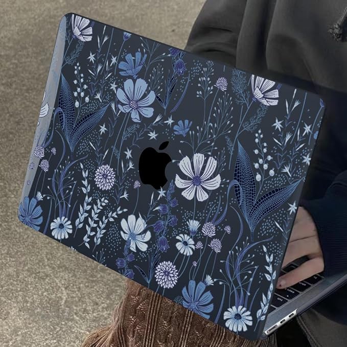 Compatible with 2022 2023 2024 MacBook Air 13.6 inch Case A3113 M3 A2681 M2, Crystal Printed Pattern Plastic Hard Case Cover for MacBook 13.6 inch Air 2024 M3 Touch ID, Wild Flowers Black