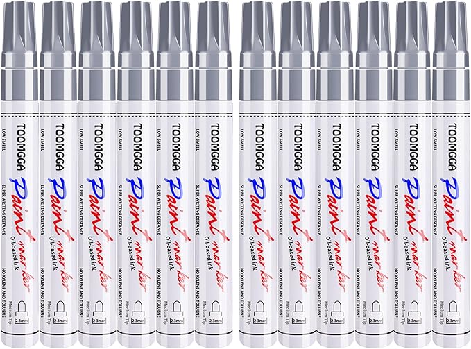 Silver Paint Pens Paint Markers - 12 Pack Permanent Markers Oil Based for Metal Wood, Pens for Metal, Car Tyre, Wood, Plastic, Rock Painting, Glass, Craft Supplies, Waterproof
