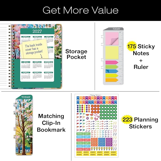 HARDCOVER 2026 Planner, 8.5"x11": 14 Months (November 2025 - December 2026), Daily Weekly Monthly Planner, Yearly Agenda, Bookmark, Pocket Folder and Sticky Note Set (Watercolor Tree)