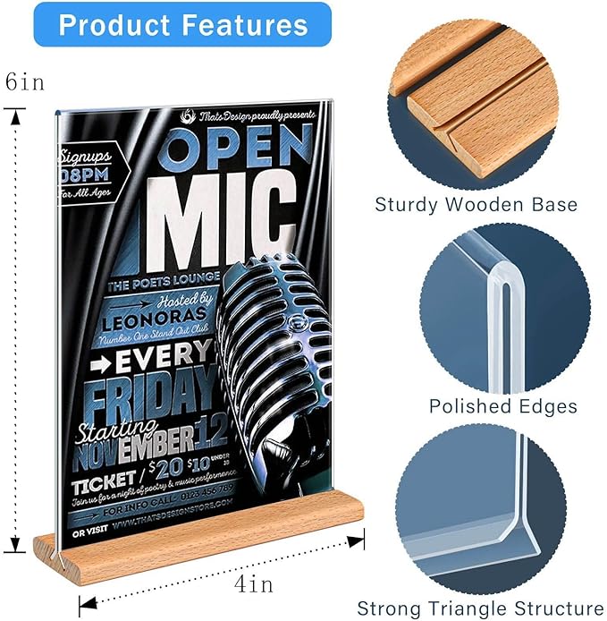 Kersally Acrylic Sign Holder 4 x 6, 3 Pack Double-Sided Clear Table Display Stands with Wood Base,Vertical Acrylic Frame Menu Flyer Paper Holder for Stores, Restaurants, Hotels, Office, Show Fair