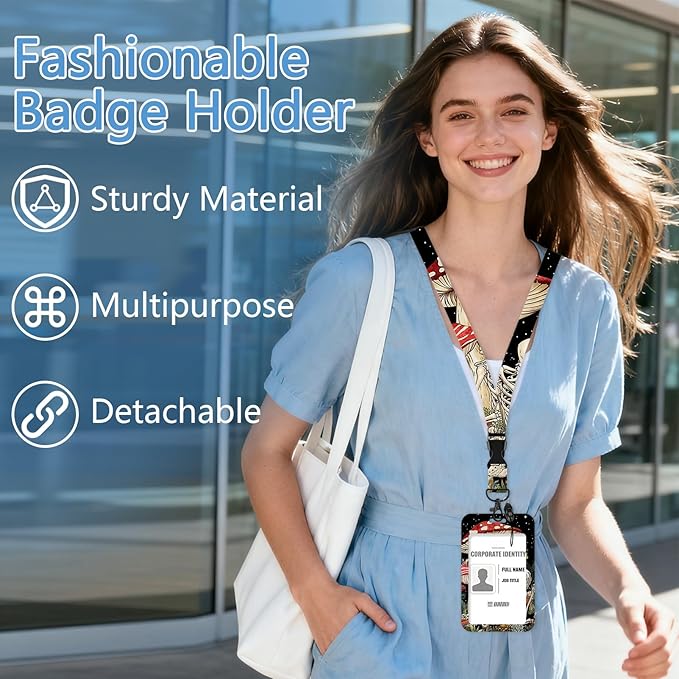 Skull Mushroom Badge Holder Reel Lanyard,ID Card Badge Holder Retractable Name Tag Clips for Doctor Nurse Teacher Office Student